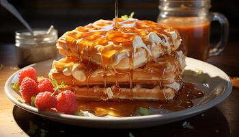 frisch gebacken Waffel mit Süss Sahne und Erdbeere Sirup generiert durch ai foto