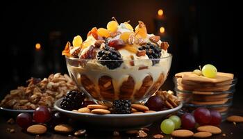 gesund Essen frisch Frucht, Joghurt, Granola, Mandel, und Honig Parfait generiert durch ai foto