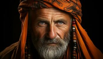ein weise alt Mann mit ein Bart, Turban, und heiter Ausdruck generiert durch ai foto