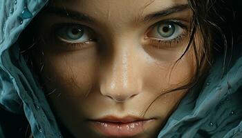 ein jung Frau Schönheit scheint durch ein Regentropfen auf ihr Gesicht generiert durch ai foto