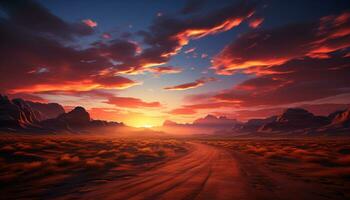 Sonnenuntergang Über das majestätisch Berg Bereich, ein still Szene von Schönheit generiert durch ai foto