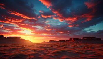 Sonnenuntergang Über das majestätisch Berg schafft ein still, dramatisch Himmel generiert durch ai foto