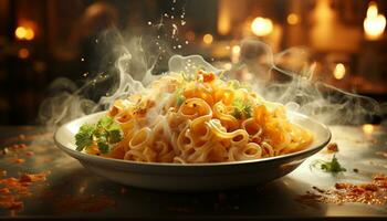 frisch, hausgemacht Pasta Mahlzeit auf hölzern Tisch, gesund und köstlich generiert durch ai foto