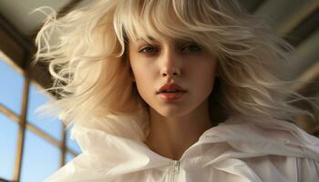 ein schön jung Frau mit blond Haar suchen beim Kamera generiert durch ai foto