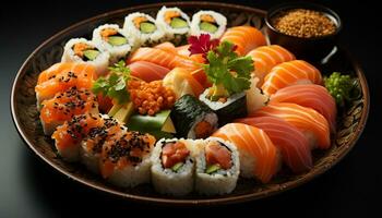Frische und Kulturen auf ein Teller Meeresfrüchte, Reis, Avocado, maki Sushi generiert durch ai foto