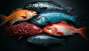 Fisch im Natur, Unterwasser, Frische von Meeresfrüchte, Angeln Hintergründe generiert durch ai foto