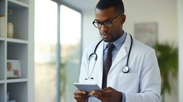ein schwarz männlich Arzt im ein Weiß Mantel ist mit ein Tablette. generativ ai foto