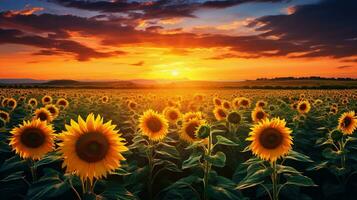Sonnenblumen im ein Feld beim Sonnenuntergang. ai generativ foto