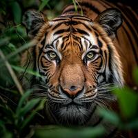 detailliert schließen oben Porträt von Tiger Tier im Urwald Gebüsch, generativ aii foto