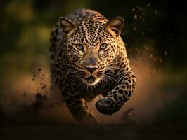Leopard Porträt Betrieb, jagend, jagen, generativ ai foto