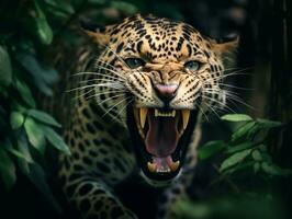 detailliert schließen oben Porträt von ein brüllend Leopard, generativ ai foto