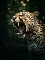 detailliert schließen oben Porträt von ein brüllend Leopard, generativ ai foto