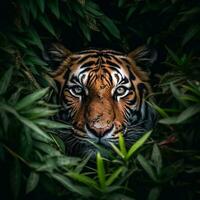detailliert schließen oben Porträt von Tiger Tier im Urwald Gebüsch, generativ aii foto