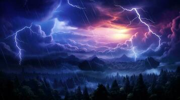 ein dunkel Wald mit Blitz und Wolken. ai generativ foto