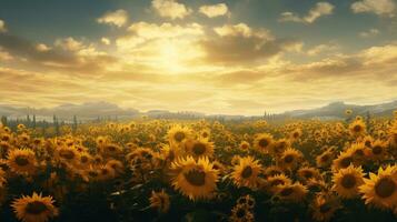 Sonnenblumen im ein Feld beim Sonnenuntergang. ai generativ foto