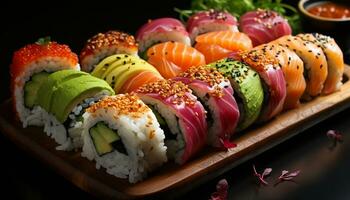Frische und Vielfalt auf ein Platte, Sushi Rollen und Sashimi generiert durch ai foto