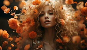 einer schön Frau mit blond Haar lächelnd im Herbst Natur generiert durch ai foto