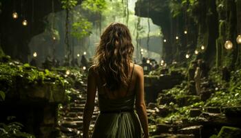 ein jung Frau Stehen im ein tropisch Regenwald, umgeben durch Schönheit generiert durch ai foto