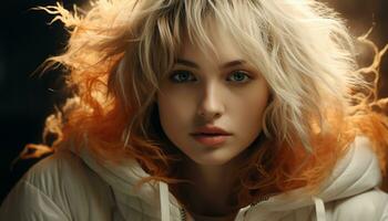 jung Erwachsene kaukasisch Frau mit blond Haar suchen beim Kamera generiert durch ai foto