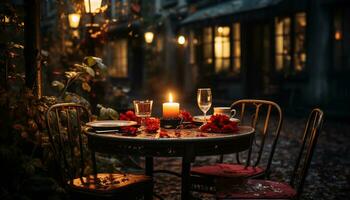 hölzern Tabelle mit Kerzenlicht, Flamme, Gourmet Mahlzeit, und Wein Feier generiert durch ai foto