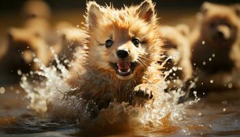 süß Hündchen spielen im Wasser, nass Fell, froh und spielerisch generiert durch ai foto