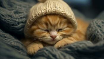 süß Kätzchen mit flauschige Fell, Schlafen im komfortabel Wärme generiert durch ai foto