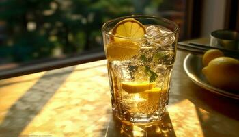 erfrischend Limonade auf ein hölzern Tisch, perfekt zum Sommer- generiert durch ai foto