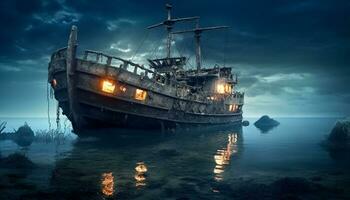 verlassen Schiffswrack spiegelt rostig nautisch Schiff auf still Küste generiert durch ai foto