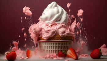 frisch Erdbeere Eis Creme, ein Süss hausgemacht Sommer- Genuss generiert durch ai foto