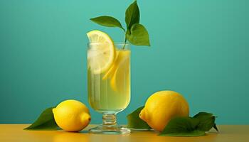 frisch Zitrone Scheibe auf ein hölzern Tisch, erfrischend Sommer- trinken generiert durch ai foto
