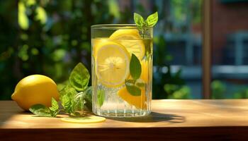 erfrischend Limonade auf ein hölzern Tisch, Natur gesund Sommer- trinken generiert durch ai foto