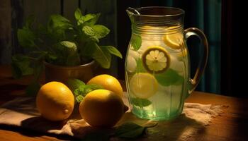 frisch Limonade auf ein hölzern Tisch, Sommer- erfrischend Zitrusfrüchte generiert durch ai foto