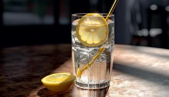 erfrischend Limonade auf ein hölzern Tisch, perfekt zum Sommer- generiert durch ai foto