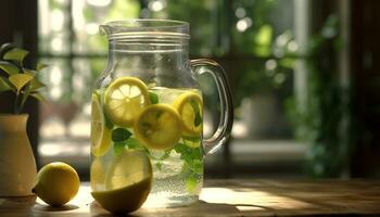 erfrischend Sommer- trinken auf hölzern Tisch, Zitrusfrüchte Obst und Eis generiert durch ai foto