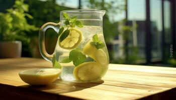 frisch Limonade auf ein hölzern Tisch, perfekt zum Sommer- generiert durch ai foto