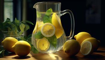 frisch Limonade auf ein hölzern Tisch, perfekt Sommer- Erfrischung generiert durch ai foto