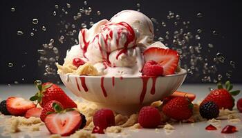 Frische und Süße im ein Schüssel von hausgemacht Erdbeere Eis Sahne generiert durch ai foto