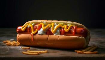 gegrillt heiß Hund auf Brötchen, gekrönt mit Ketchup generiert durch ai foto