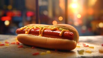 gegrillt heiß Hund auf Brötchen, mit Ketchup und Fritten generiert durch ai foto