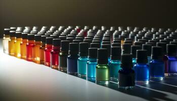 ein Reihe von beschwingt, multi farbig Schönheit Produkte im Glas Flaschen generiert durch ai foto
