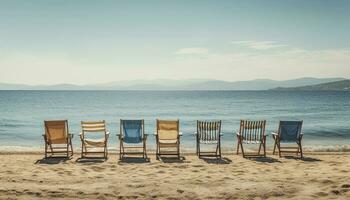 entspannend auf ein hölzern Stuhl, genießen das still Küste Aussicht generiert durch ai foto