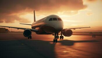 Flugzeug fliegend beim Sonnenuntergang, Transportieren Passagiere auf ein Geschäft Reise generiert durch ai foto