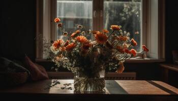 Vase auf Fenster Schwelle, Blume Strauß bringt Frische zu drinnen generiert durch ai foto