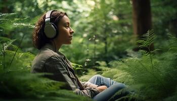 jung Erwachsene genießen Natur, Sitzung im das Wald, Hören draußen generiert durch ai foto