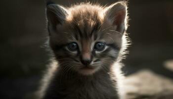 süß Kätzchen mit gestreift Fell, Sitzung draußen, suchen beim Kamera generiert durch ai foto