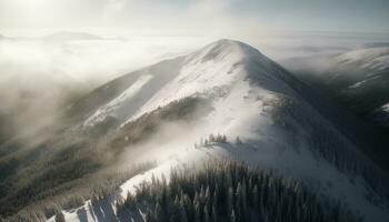 Schnee gekappt Berge, eisig Spitzen, still Wälder, nebelig Landschaften, Winter Wunderland generiert durch ai foto