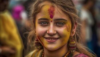 lächelnd indisch Frauen feiern traditionell Festival mit bunt Gesicht Farbe generiert durch ai foto