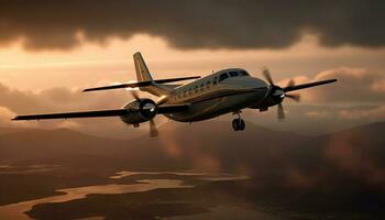 fliegend Flugzeug Propeller Transporte Passagiere durch das Himmel beim Dämmerung generiert durch ai foto