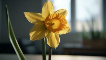 ein beschwingt Strauß von Narzissen und Tulpen erhellt das Tabelle generiert durch ai foto