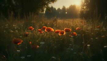 beschwingt Wiese Blüten im das still Sommer- Sonnenuntergang, Natur Schönheit generiert durch ai foto